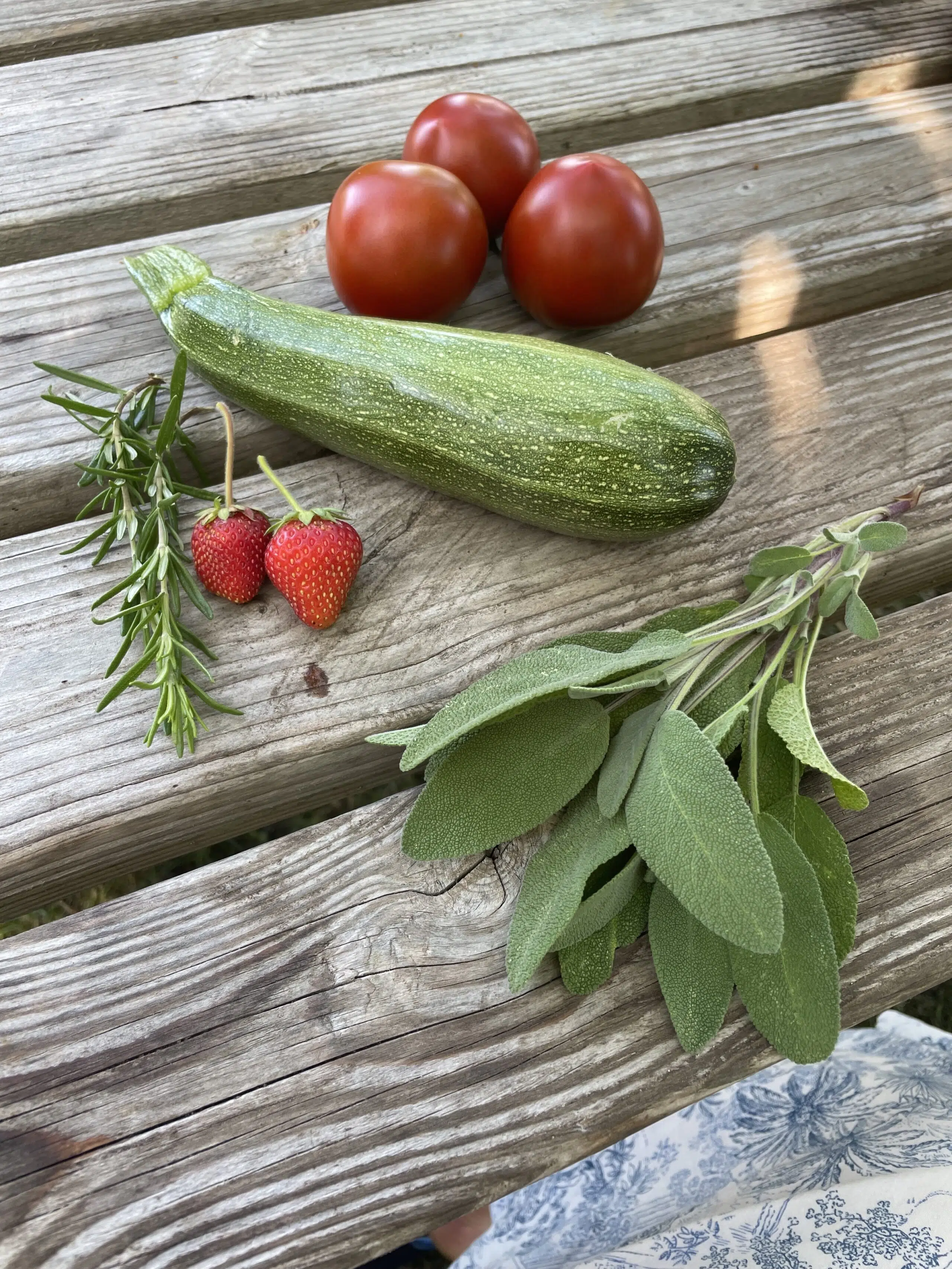 kleine moestuinoogst met courgette tomaten aardbei en salie voor een salade