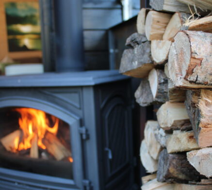 brandende houtkachel met houtblokken